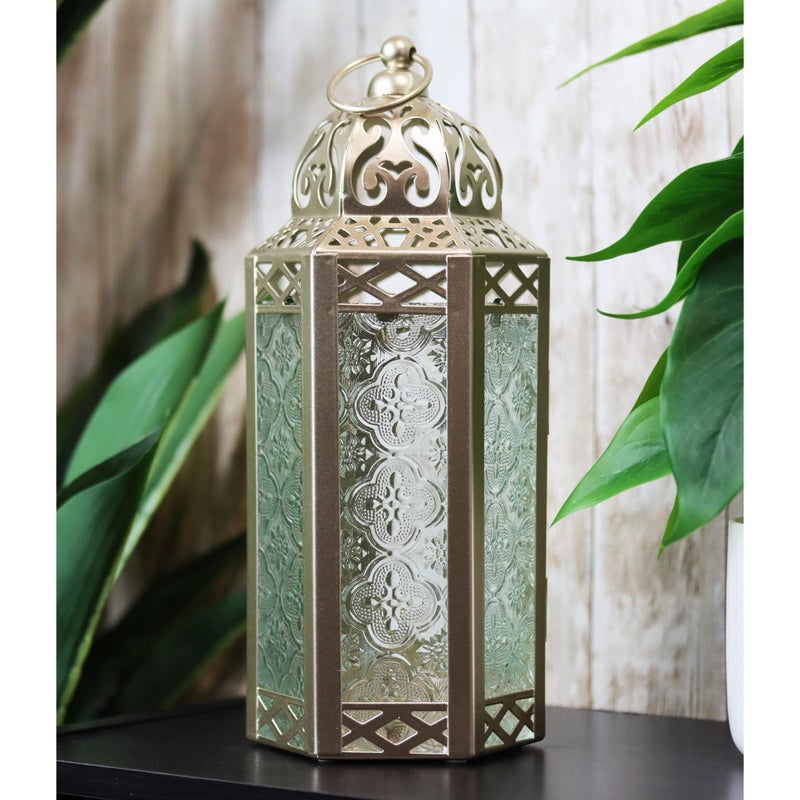 VELA LANTERNS 10.5" White Gold Moroccan Candle Lantern Decorative Candle Holder Lamp for Table or Hanging, Ramadan Decorations, Indoor Home Decor, Outdoor Patio or Porch, Weddings, Medium - Image 1